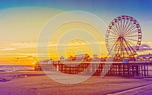 Retro Effect Photo Filter: Blackpool Central Pier and Ferris Wheel, Lancashire, England, UK