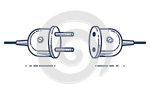 Retro electric plug in unplugged vector linear icon, power electricity or technology concept.