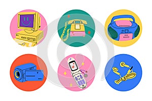 Retro electronics. Computer, flip phone and record player. Tamagochi, headphones and video, camera. Y2k cute stylish attributes. photo