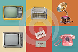 Retro electronics set. Nostalgic collectibles from the past 1980s - 1990s.