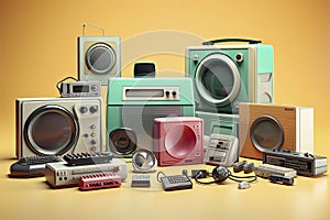 Retro electronics set. Nostalgic collectibles from the past 1980s - 1990s