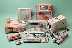 Retro electronics set. Nostalgic collectibles from the past 1980s - 1990s