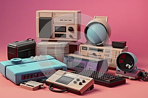 Retro electronics set. Nostalgic collectibles from the past 1980s - 1990s