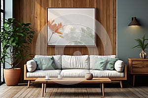 Retro Elegance: Mid-Century Living Room Mockup with Blank Photo Frame