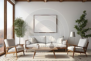 Retro Elegance: Mid-Century Living Room Mockup with Blank Photo Frame