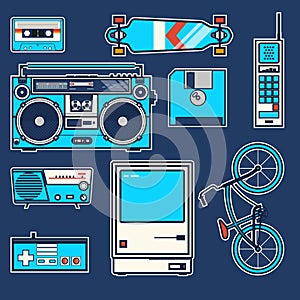 Retro elements bicycle, phone,computer, diskette, skateboard, Joystick, boombox,cassette, radio Vintage vector graphic