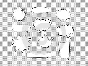 Retro empty comic bubbles and elements set with black halftone shadows on transparent background. Vector illustration
