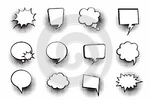 Retro empty comic bubbles and elements set with halftone shadows on white background. Vector illustration, vintage design, pop art