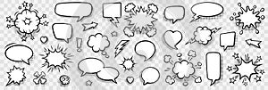 Retro empty comic speech bubbles set with black halftone shadows.