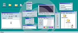 Retro empty window. Old windows 95 system interface, vintage computer application frame template pc software message