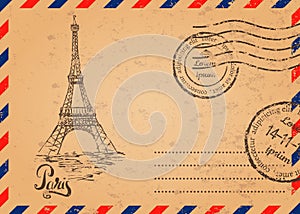 Retro envelope with stamps, Eiffel Tower