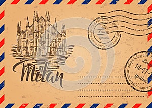 Retro envelope with stamps, Milan label with hand drawn Milan Cathedral