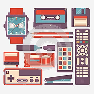 Retro equipments, accessories and things icons set. Flat vector illustration