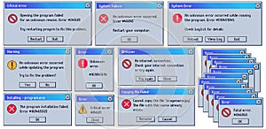 Retro error message. Old user interface system failure window, fatal and critical errors messages. Damaged computer