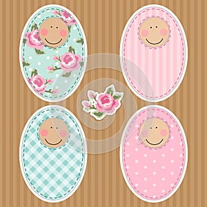 Retro fabric applique of newborn baby cartoon character