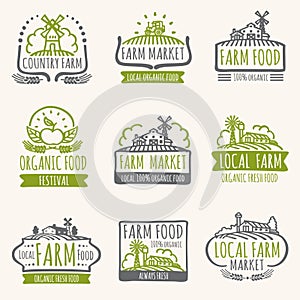 Retro farm market signs. Vintage fresh organic food vector labels with harvest field