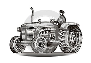 Retro farm tractor, sketch. Vintage vector illustration