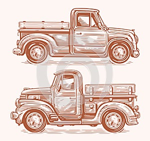 Retro farm truck in sketch style. Vintage pickup car. Hand drawn vector illustration