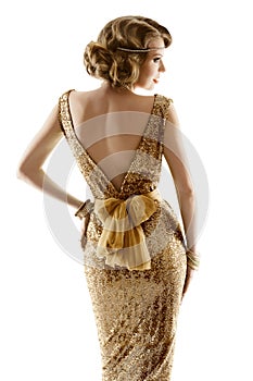 Retro Fashion Model Gold Dress, Woman Old Fashioned Beauty, Back View, White photo