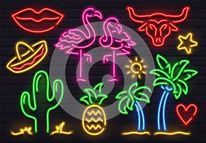 Retro fashion neon sign. Glowing fluorescent cactus, pink flamingo and bull signs. Bright palm, sombrero and pineapple