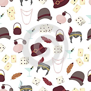 Retro fashion 1920s 1930s accessories with women hats, clothes, jewelry seamless pattern background vector illustration.