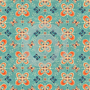 Retro fashion style turquoise colorful seamless repeat pattern. Insect butterflies on old texture