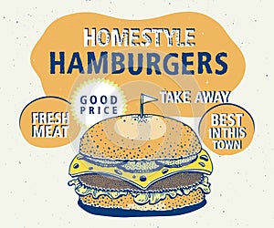 Retro fast food hamburger poster. Hand drawn food illustration. Can be use for fast food, snack and takeaway menu and