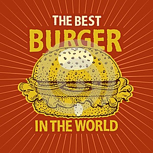 Retro fast food hamburger poster. Hand drawn food illustration. Can be use for fast food, snack and takeaway menu and