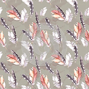 Retro feathers art. Vintage watercolor seamless pattern