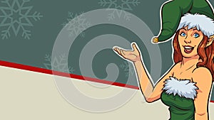 Retro female elf with Christmas background