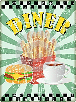 Retro fifties diner sign with french fries. burgers and cofee.Free copy space, vector