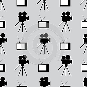 Retro film industry seamless pattern. Repetitive vintage TVs and camcorders. Seamless pattern. Black, white, gray.