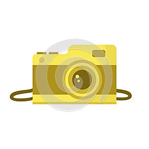 Retro film photo camera in a flat style isolated on white background. Old camera with strap.