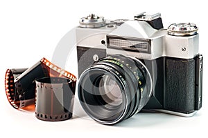 Retro film photo camera isolated on white background. Old analog