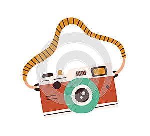 Retro film photo camera with strap isolated on white background. Old analog photocamera. Hand-drawn colored flat vector