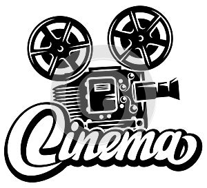 Retro film projector and calligraphic inscription cinema. Vector monochrome illustration. Editable template for design