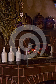 Retro fireplace in the rustic kitchen