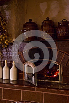 Retro fireplace in the rustic kitchen