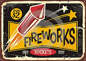 Vintage poster or flyer design for fire works rockets retailer photo