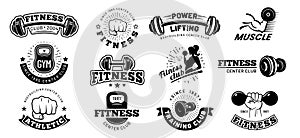 Retro fitness badges. Gym emblem, sport label and black stencil bodybuilding badge vector set