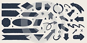 Retro flag and ribbon banners. Hand drawn vintage textured badges, banner, ribbon, flag, and other design elements. Hand