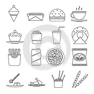 Retro Flat Fast Food Icons line art symbols Set Vector Illustration