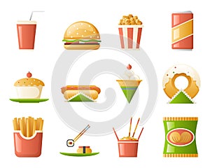 Retro Flat Fast Food Icons and Symbols Set Vector Illustration