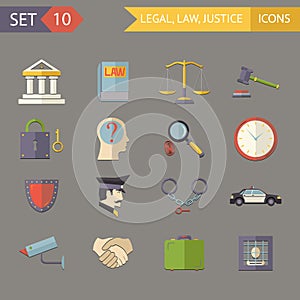 Retro Flat Law Legal Justice Icons and Symbols Set Vector Illustration