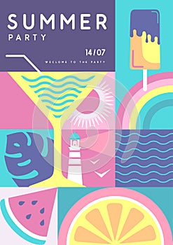 Retro flat summer disco party poster with summer attributes. Cocktail silhouette, lighthouse, ice cream, tropic leaves