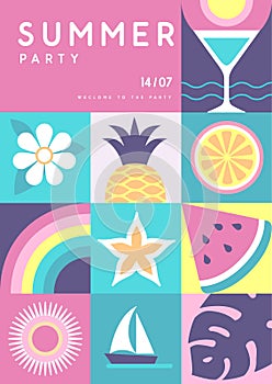 Retro flat summer disco party poster with summer attributes. Cocktail silhouette, tropic fruits and flowers, rainbow and ship.