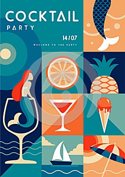 Retro flat summer disco party poster with summer attributes. Cocktail , tropic fruits, mermaids, ice cream and ship.