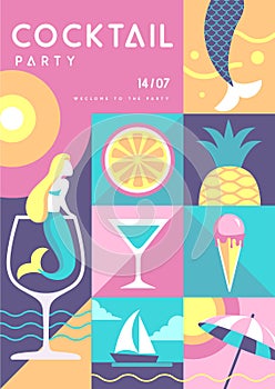 Retro flat summer disco party poster with summer attributes. Cocktail , tropic fruits, mermaids, ice cream and ship.