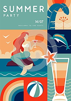 Retro flat summer disco party poster with summer attributes. Mermaid with cocktail, dolphin, tropic leavesand rainbow.