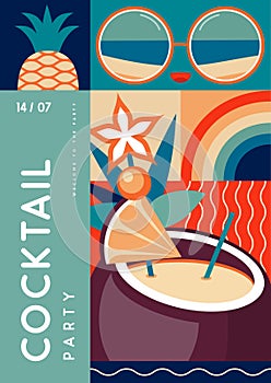 Retro flat summer disco party poster with summer attributes. Pina colada cocktail , tropic fruits and sunglasses.